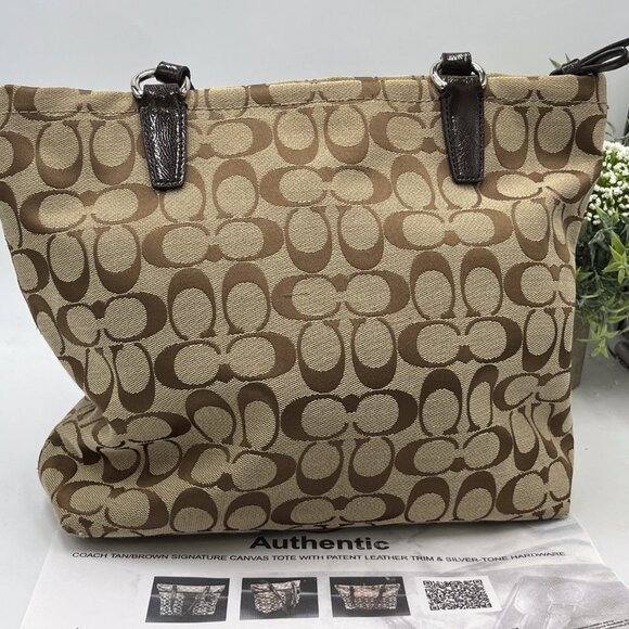 Authenticated Coach Signature Canvas Tote Patent Leather Trim Tan/Brown F28504 - Picture 5 of 15